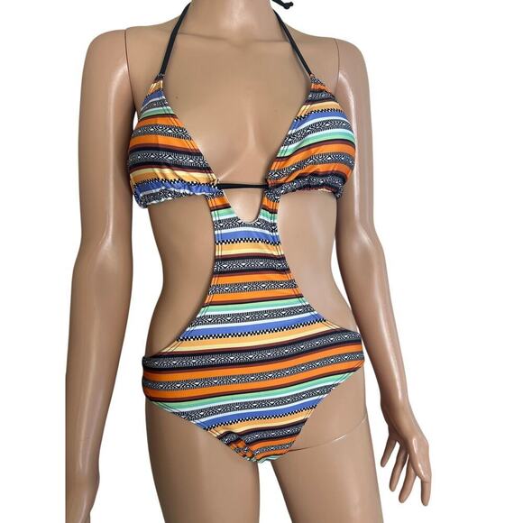 NEW Sexy Cut Out Sliding Triangle Low Back Monokini One Piece Swimsuit Aztec LG - Picture 5 of 6